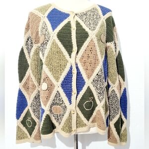 Christopher & Banks Crochet Cardigan Sweater Size L Handcrafted Apples Patchwork